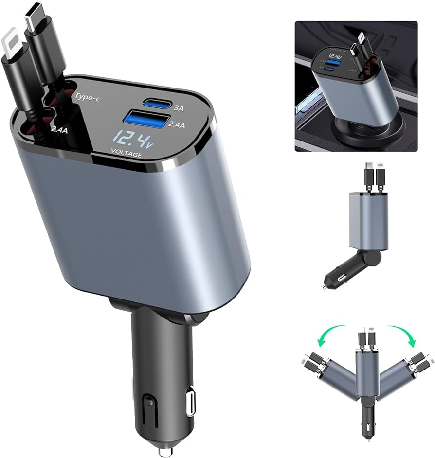 4-in-1 Fast Charging Car Charger With Digital Display