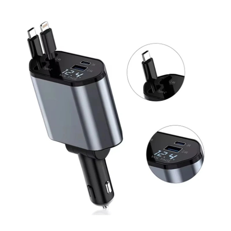 4-in-1 Fast Charging Car Charger With Digital Display