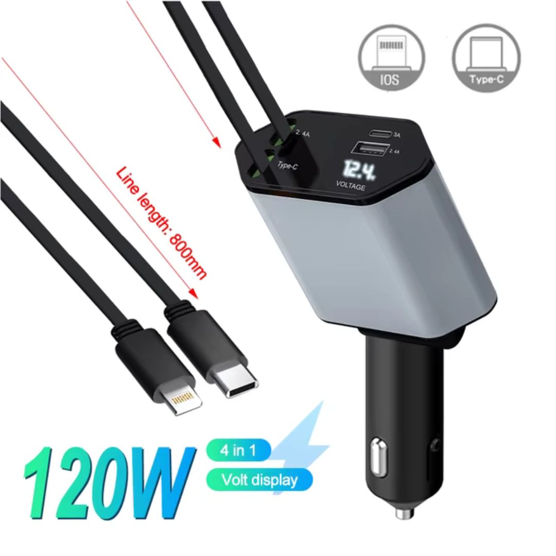 4-in-1 Fast Charging Car Charger With Digital Display