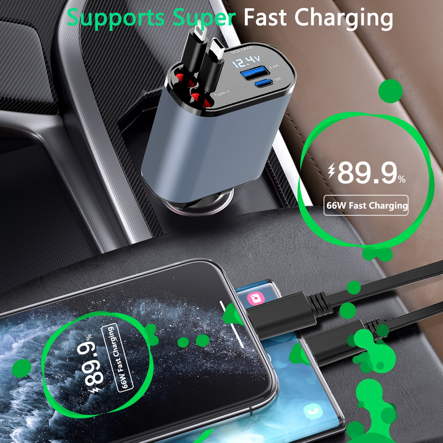 4-in-1 Fast Charging Car Charger With Digital Display