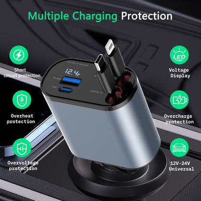 4-in-1 Fast Charging Car Charger With Digital Display