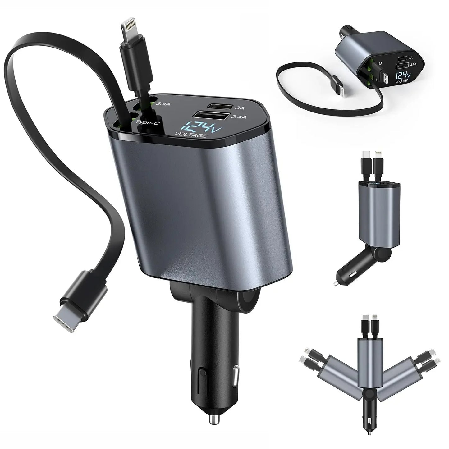4-in-1 Fast Charging Car Charger With Digital Display