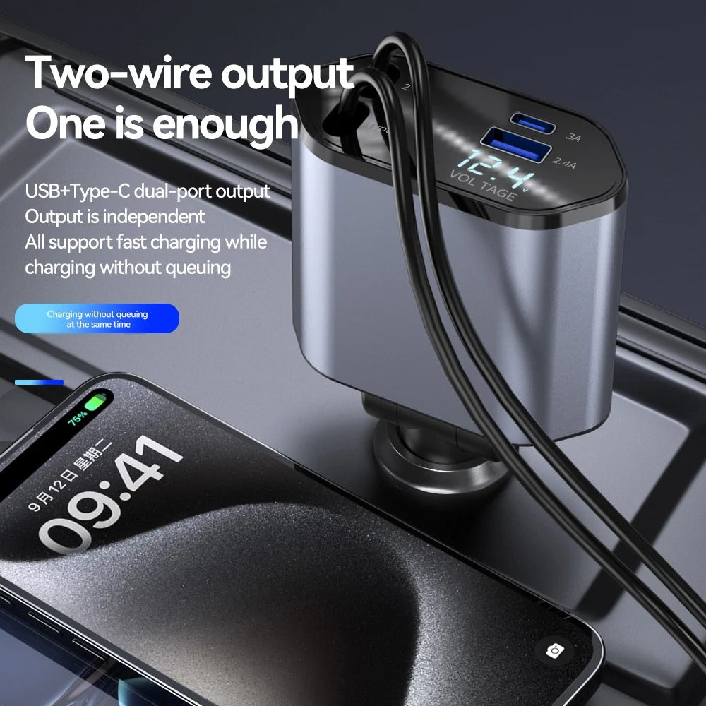 4-in-1 Fast Charging Car Charger With Digital Display