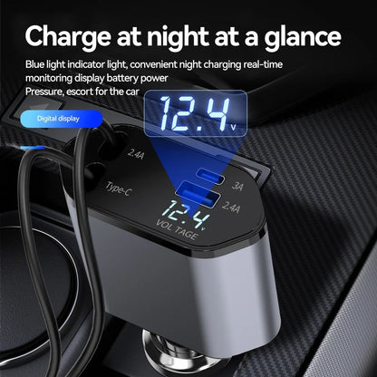 4-in-1 Fast Charging Car Charger With Digital Display