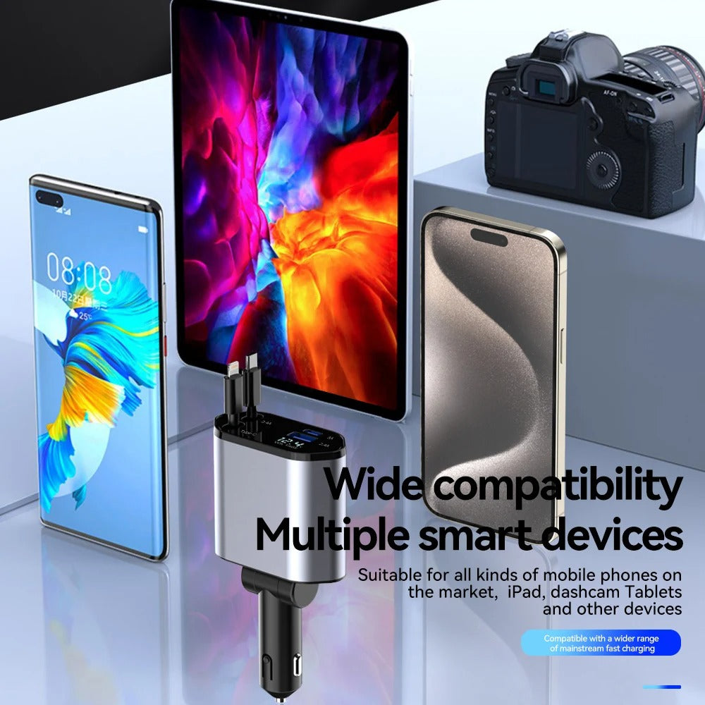 4-in-1 Fast Charging Car Charger With Digital Display